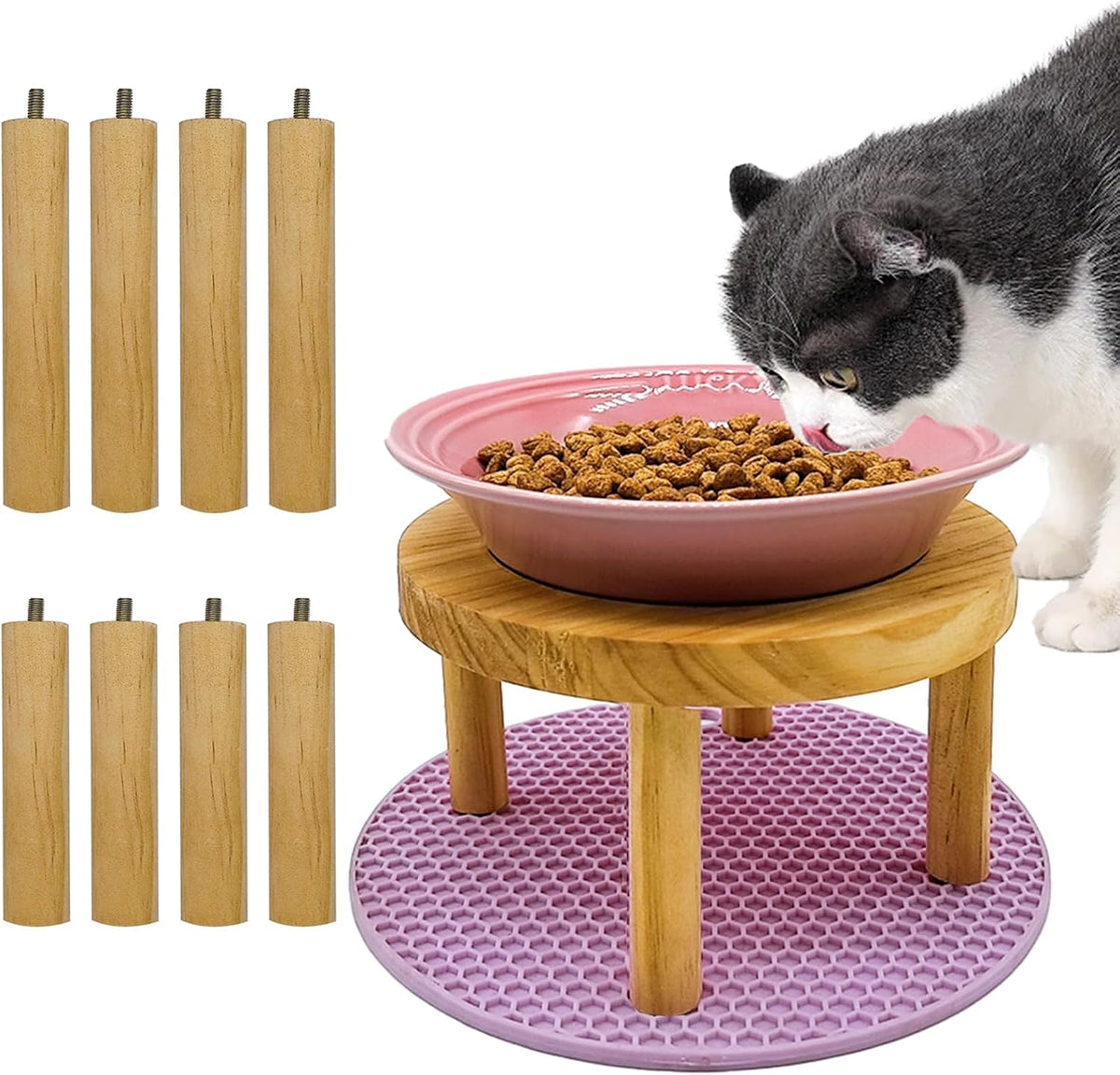 Elevated Cat Bowls Raised Ceramic Cat Dishes Adjustable Height Stand Whisker Fatigue Friendly Food Plates Feeding Station for Kittens Puppies Dog(Pink)