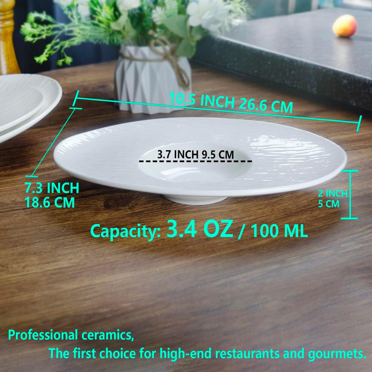 Soup Plates Fine Soup bowls Set of 4, 10.5 Inch Ceramics Oval Rimmed Small Mouth Pasta Plates, for high end restaurants and best choice for gourmets, Modern and stylish tableware