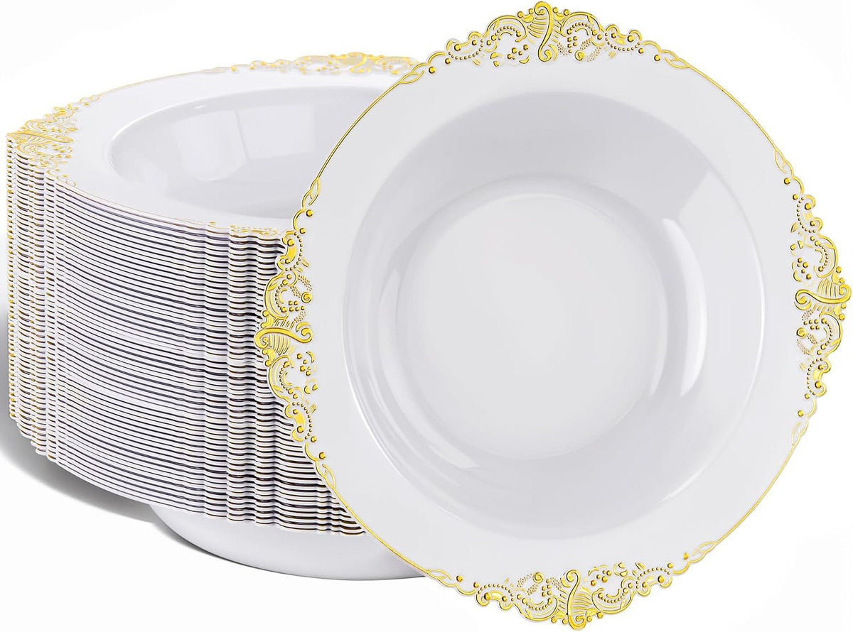 Nervure 50PCS White Plastic Bowls with Gold Rim - 12oz Disposable Soup Bowl