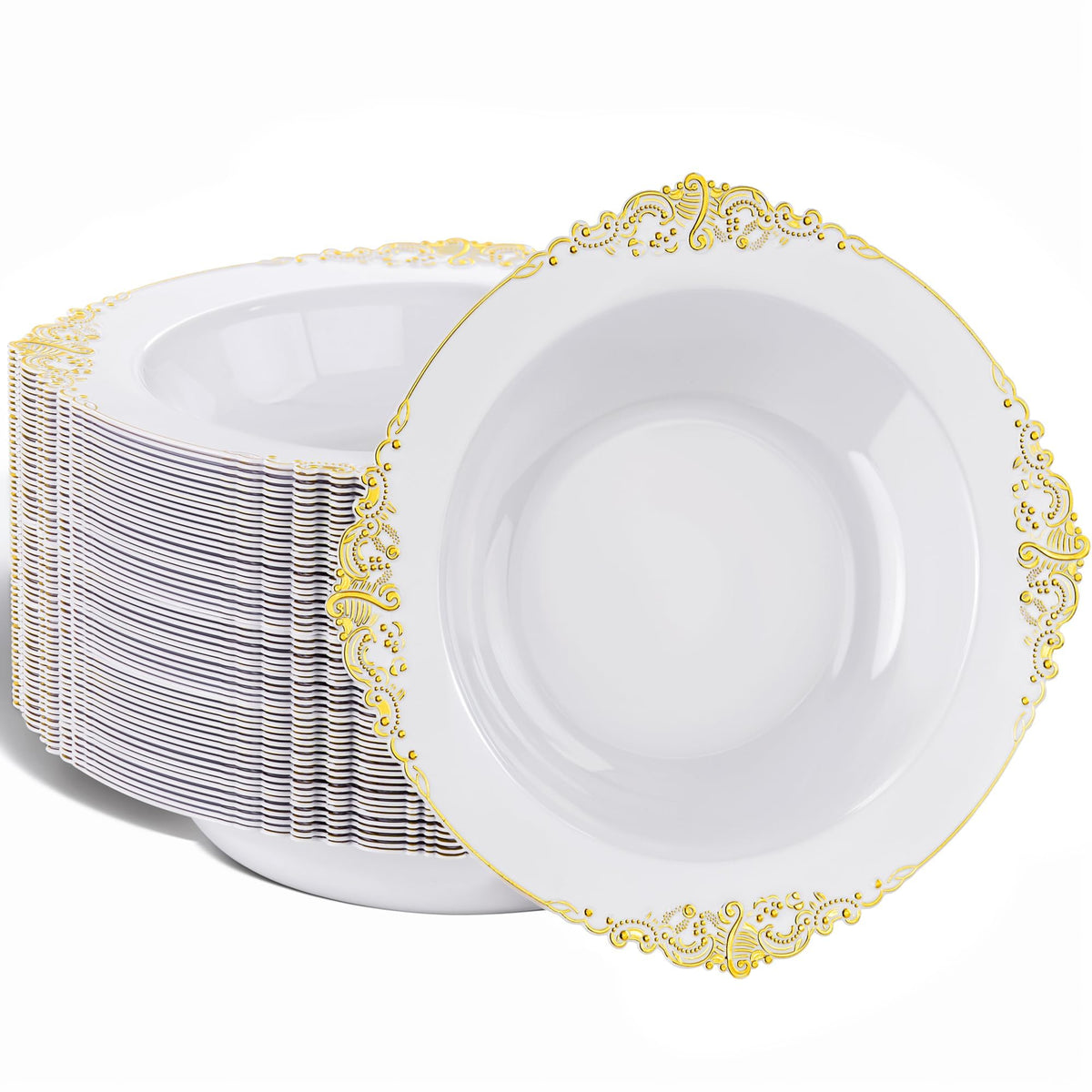 Nervure 50PCS White Plastic Bowls with Gold Rim - 12oz Disposable Soup Bowl