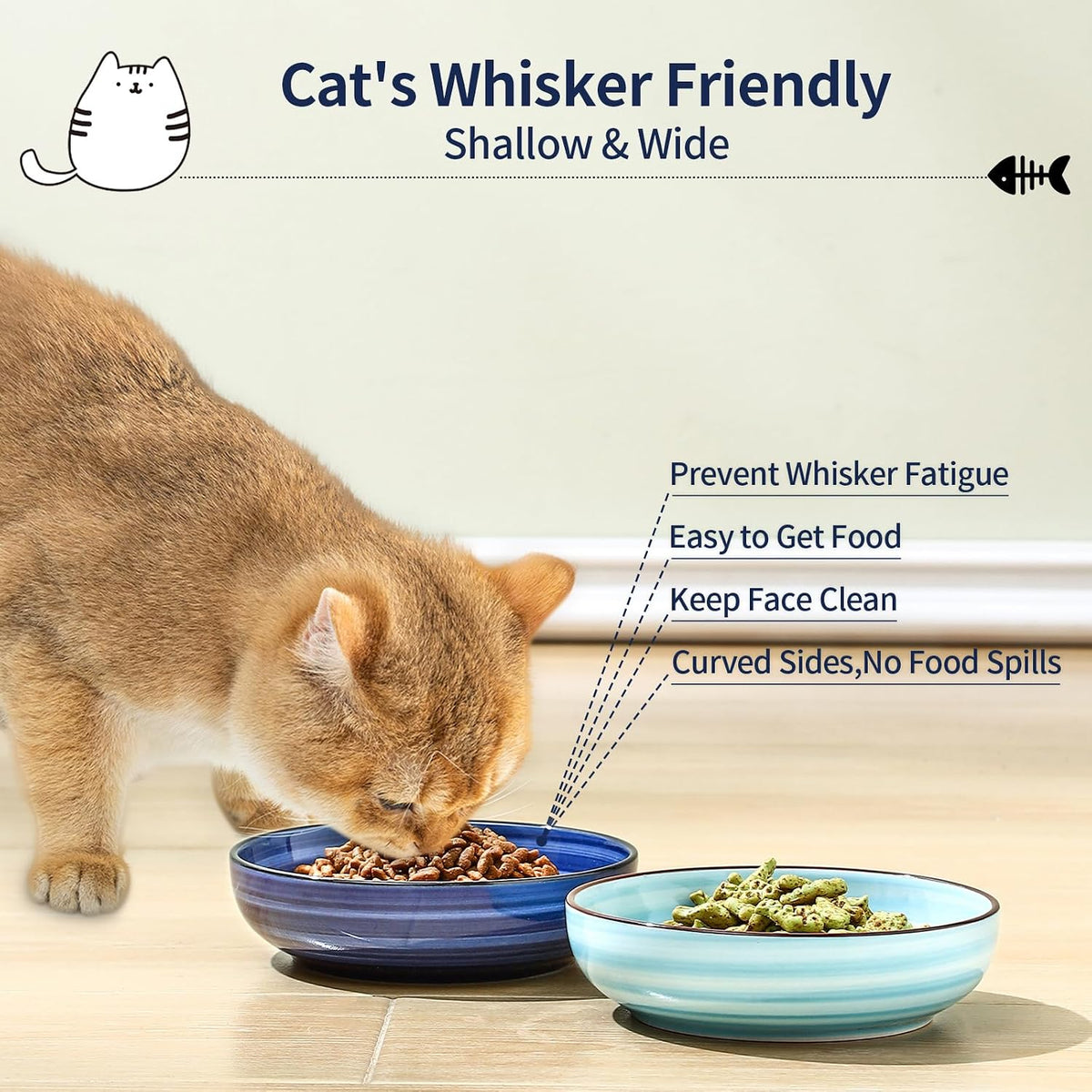 Selamica Ceramic Cat Bowls Set of 6, 5.6 Inch Cat Food Bowl, Gradient Blue