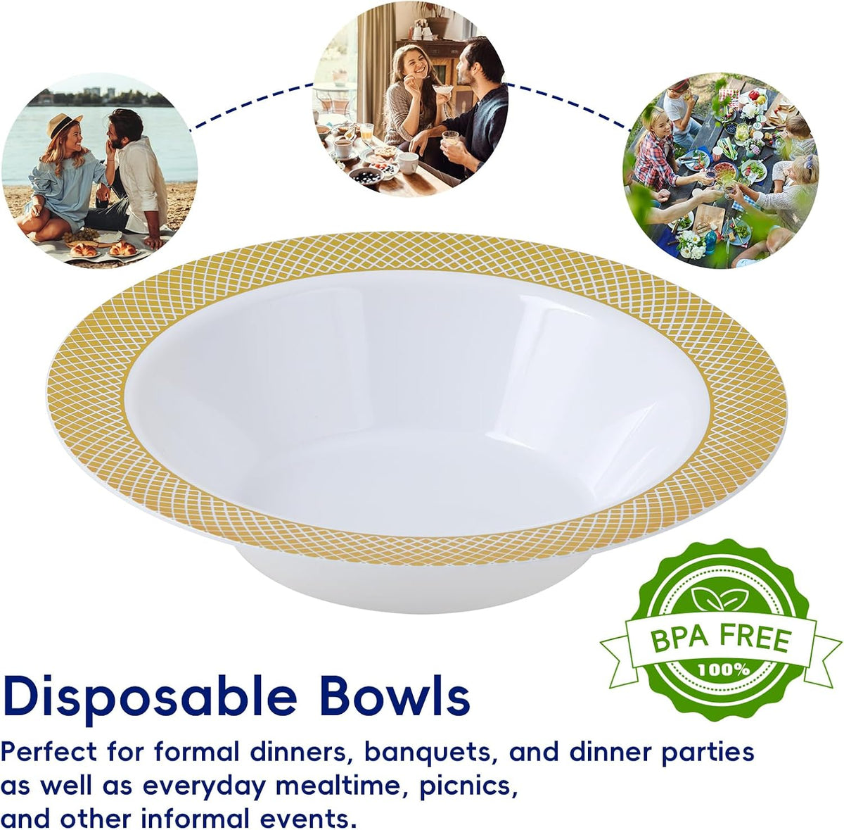 JOLLY CHEF Plastic Bowls with Gold Grid Rim Disposable 12oz Bolws 50Pack