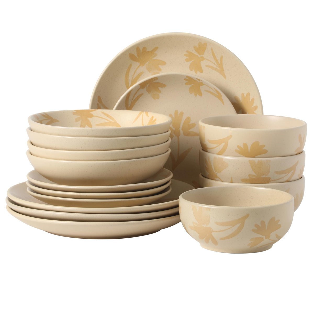 Gibson Home Cloudlight 12 Piece Plates and Bowls Dishes Brown and White - Decorated Porcelain Ceramic Dinnerware Set - Service for 4