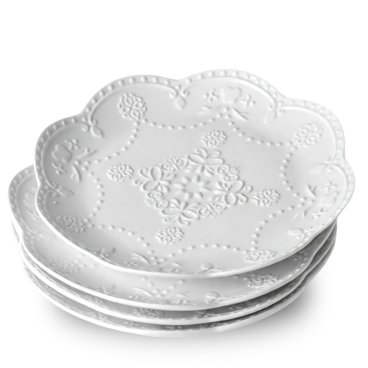 Neaylfe Ceramic Dinner Plates Set of 6, 10 inch Oval Embossed White Plates for Salad, Dessert, Appetizer, Steak, Large Flat Serving Plates for Kitchen, Restaurant, Parties