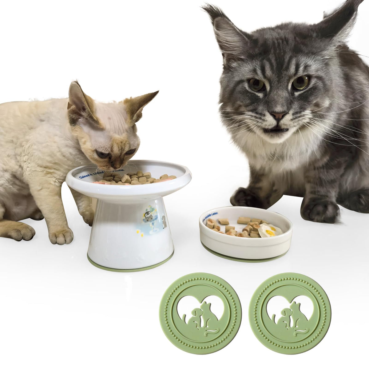 Cinf Ceramic Set of 2 Pet Raised Footed & Snack Bowl with Funny Christmas Design and Non-Slip Silicone Pads