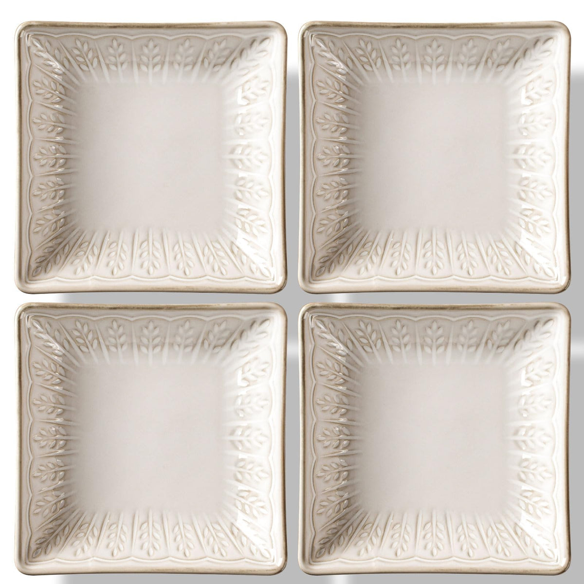 Artena Ceramic Square Dessert Plates Set of 4, 6 Inch Embossed Appetizer Plates for Snack, Bread, Sauce & Side Dish – Microwave & Dishwasher Safe, Scratch Resistant, White, Damask Floral