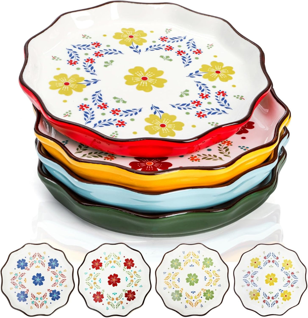 Pumtus 4 Pack Ceramic Dessert Plates, 7.5 Inch Small Floral Dinner Appetizer Plate, Lunch Salad Serving Dishes, Vintage Flat Pasta Bowl for Steak Fruit Pizza, Dishwasher & Microwave Safe