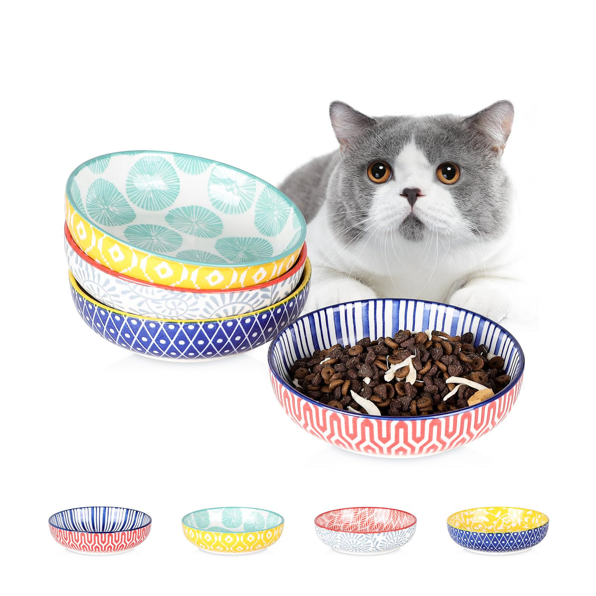 Selamica Ceramic Cat Bowls Set of 6, 5.6 Inch Cat Food Bowl, Gradient Blue