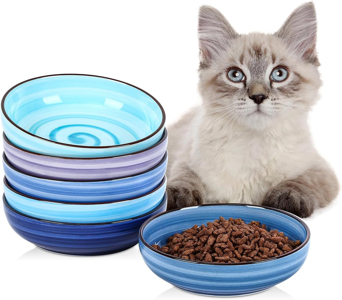 Selamica Ceramic Cat Bowls Set of 6, 5.6 Inch Cat Food Bowl, Gradient Blue