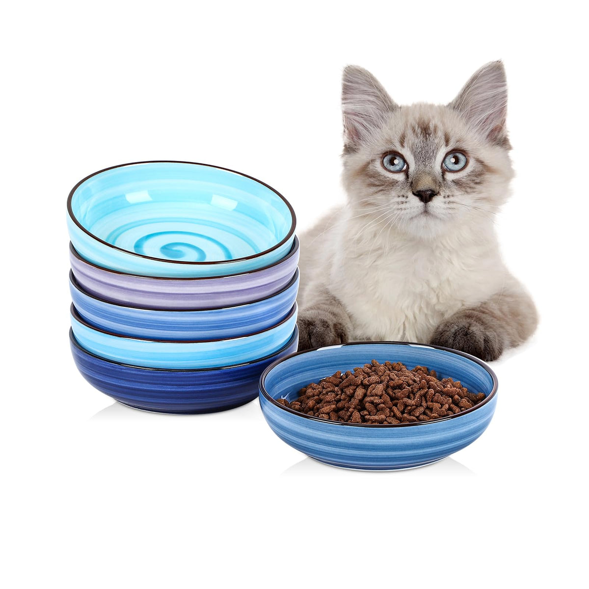 Selamica Ceramic Cat Bowls Set of 6, 5.6 Inch Cat Food Bowl, Gradient Blue