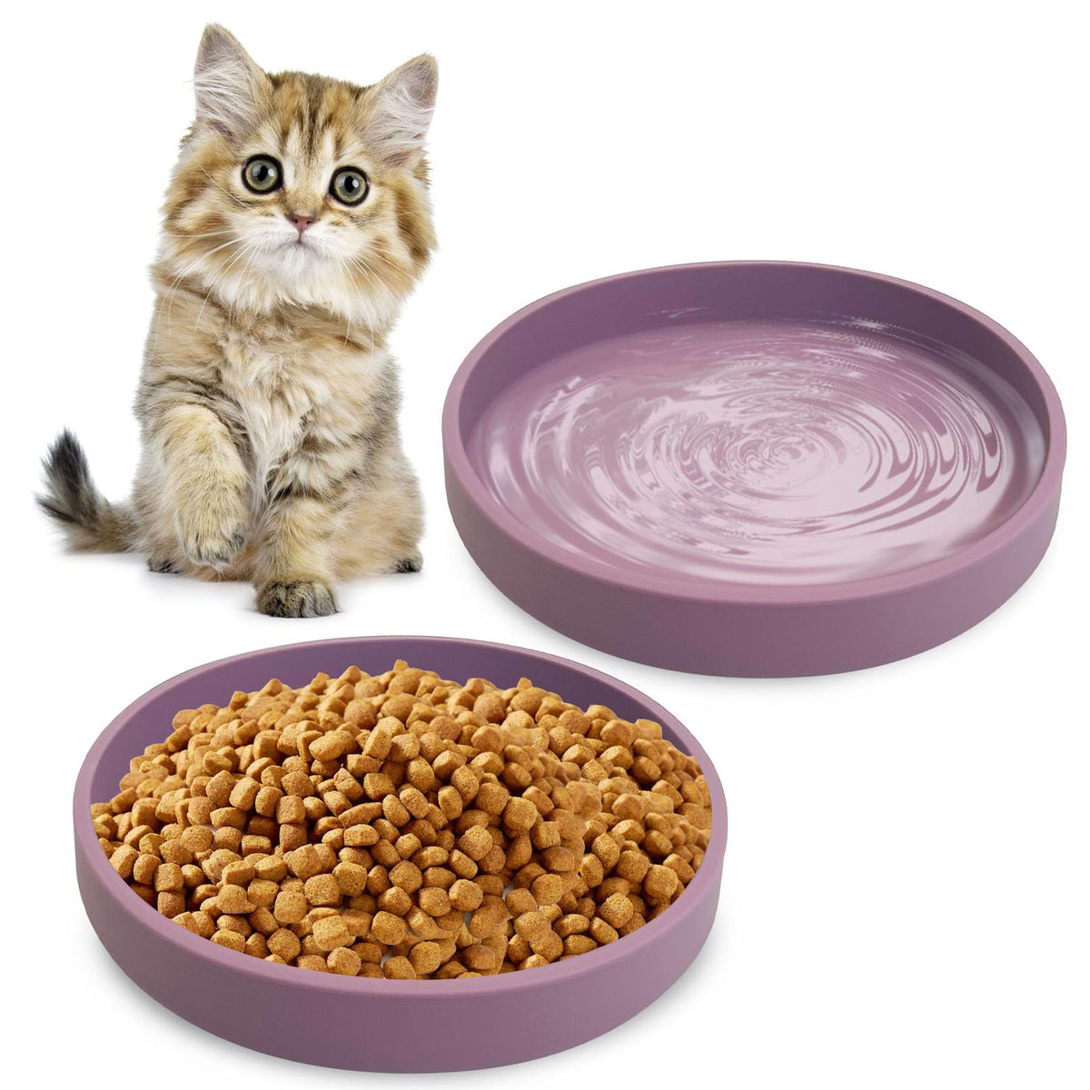 Silicone Cat Food Bowl Shallow Dishes 5.9in Wide Cats Bowls Set of 2 Kitty Plates Relief Whisker Fatigue Puppy Feeding Bowl for Dry Food and Wet Food Indoor (Round Green)