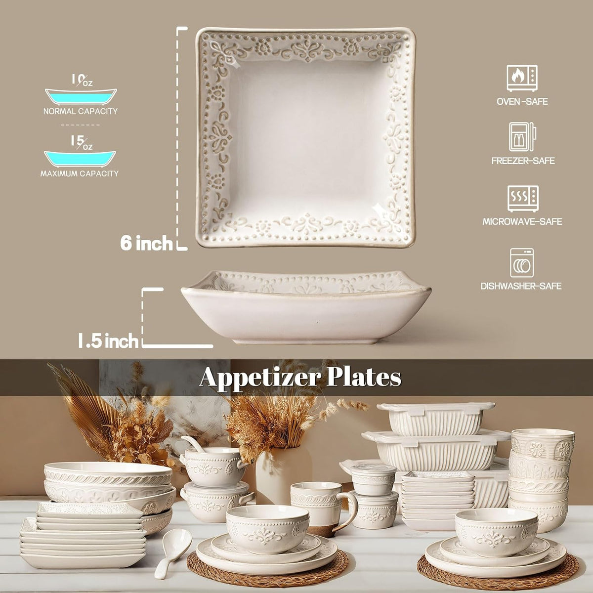 Artena Ceramic Square Dessert Plates Set of 4, 6 Inch Embossed Appetizer Plates for Snack, Bread, Sauce & Side Dish – Microwave & Dishwasher Safe, Scratch Resistant, White, Damask Floral
