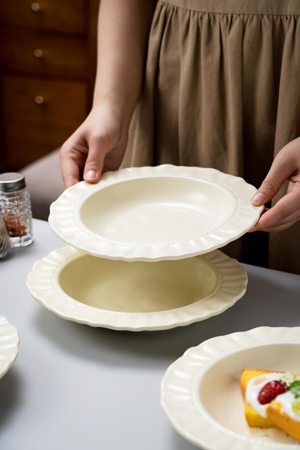 8.6" Ceramic Wide Rim Soup Bowls Set of 2, Cream Color Embossed