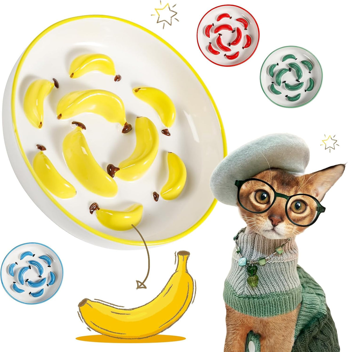 Ceramic Slow Feeder Cat Bowl, 6.3'' Wide Whisker Friendly Cat Puzzle Feeder