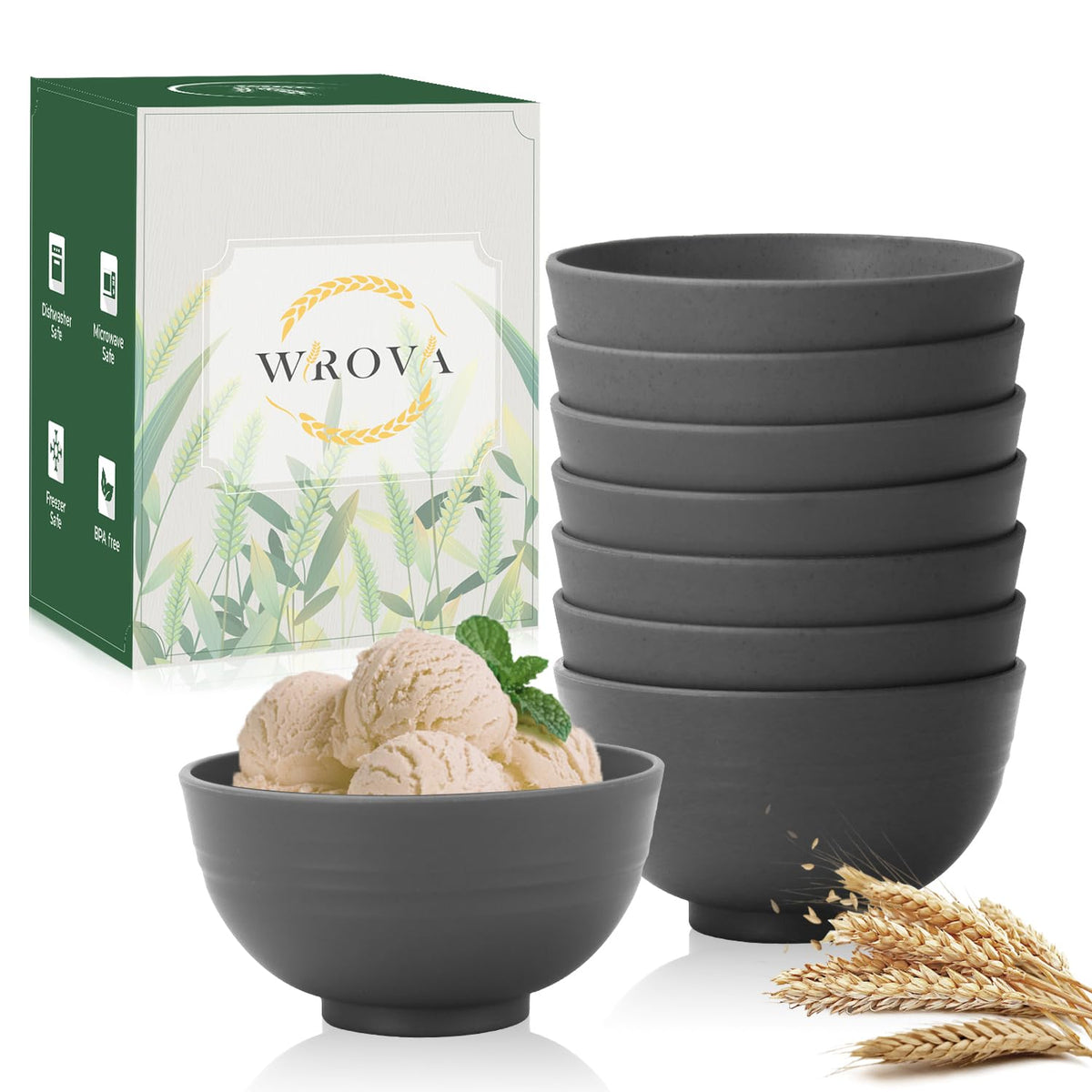 Wrova Wheat Straw Bowls Set 60 OZ Unbreakable Large Cereal Bowls Set of 6 Microwave and Dishwasher Safe Bowls Big Bowls for Camping and Picnic BPA Free Soup Bowl for Serving Oatmeal and Salad. Black