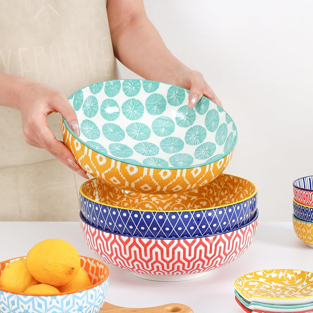 Selamica 60 OZ Ceramic Serving Bowls, Set of 3, Assorted Colors