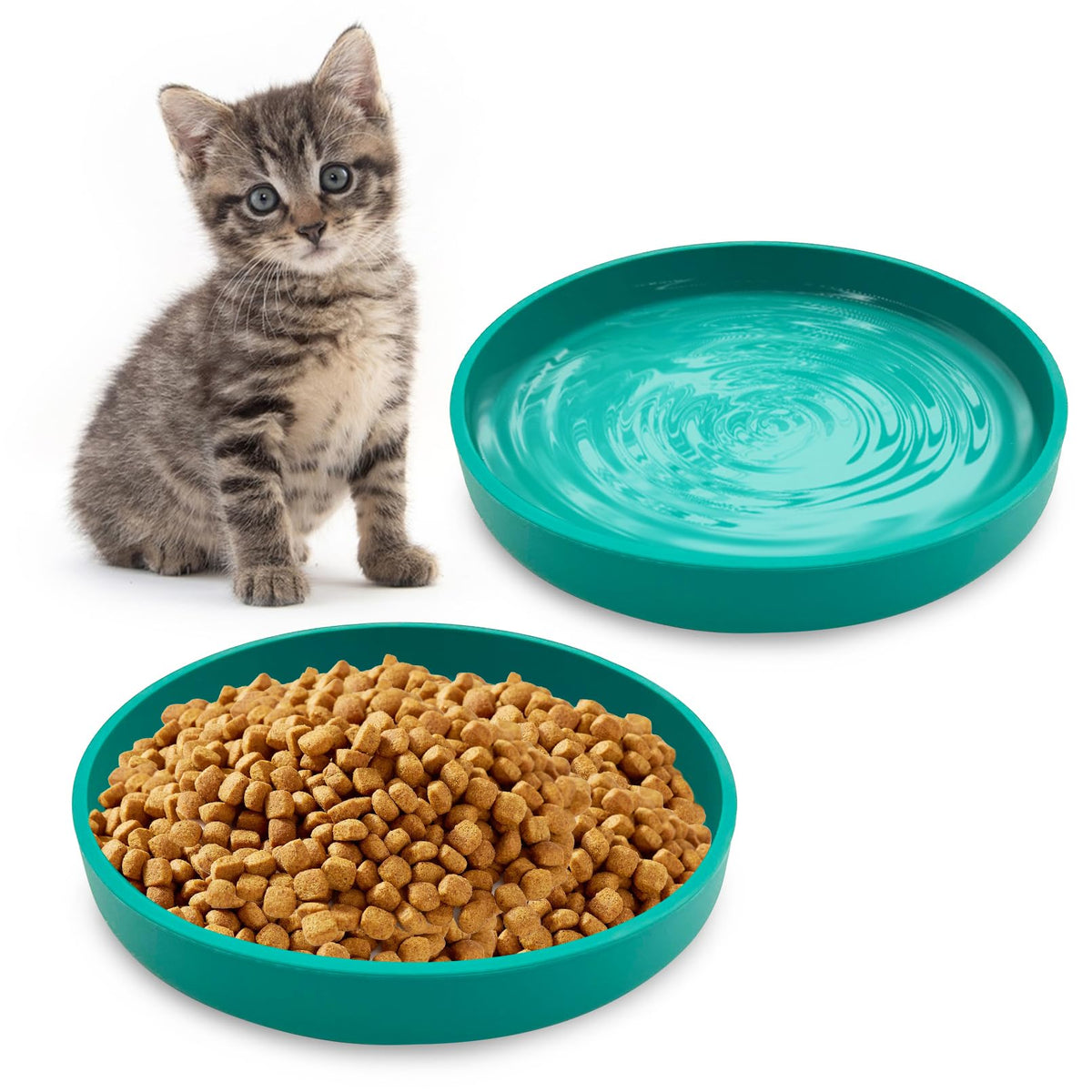 Silicone Cat Food Bowl Shallow Dishes 5.9in Wide Cats Bowls Set of 2 Kitty Plates Relief Whisker Fatigue Puppy Feeding Bowl for Dry Food and Wet Food Indoor (Round Green)
