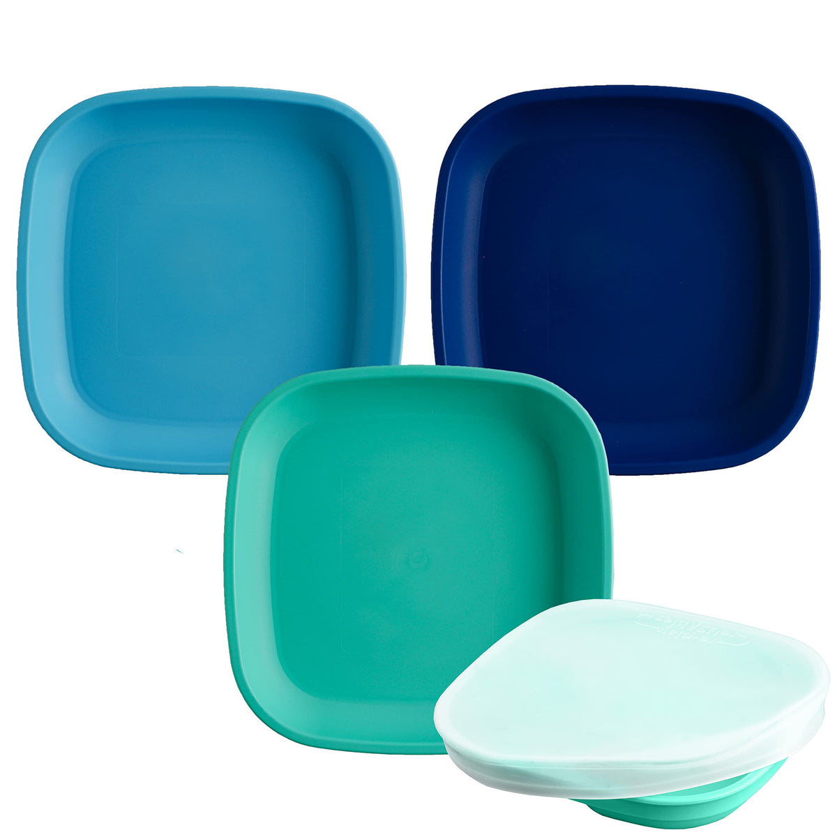 Re-Play Toddler Plates - 22 Oz. Deep-Walled Flat Kids Plates - Dishwasher & Microwave Safe - Made in USA - Set of 3-7.37" x 7.37" x 1.25" - True Blue