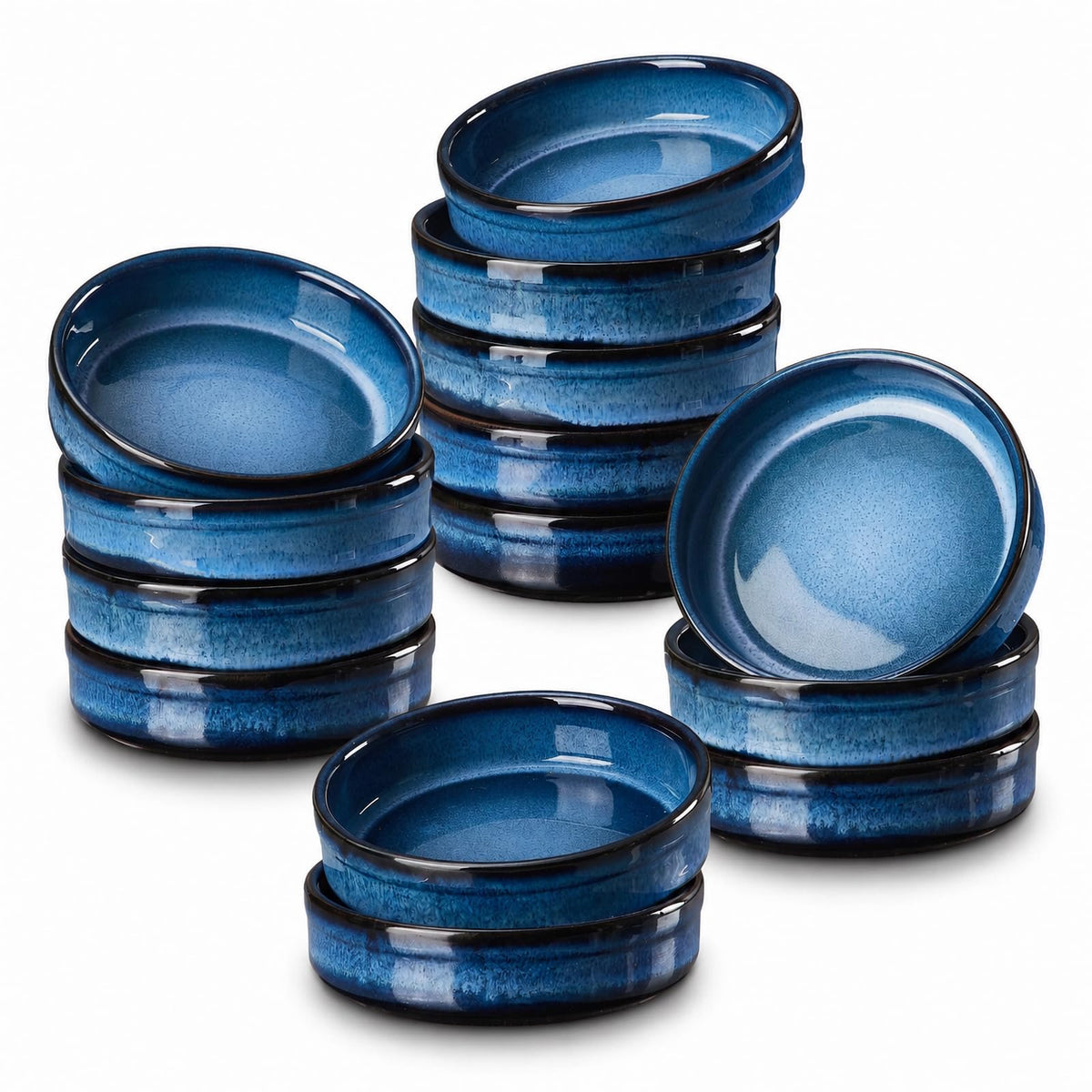 ONEMORE 4 oz Ramekins Oven Safe, Ceramic Ramekins for Creme Brulee, Custard, Pudding, Souffle, Blue Shallow Ramekin Dishes, Small Porcelain Ramekin Set of 6 for Baking & Serving