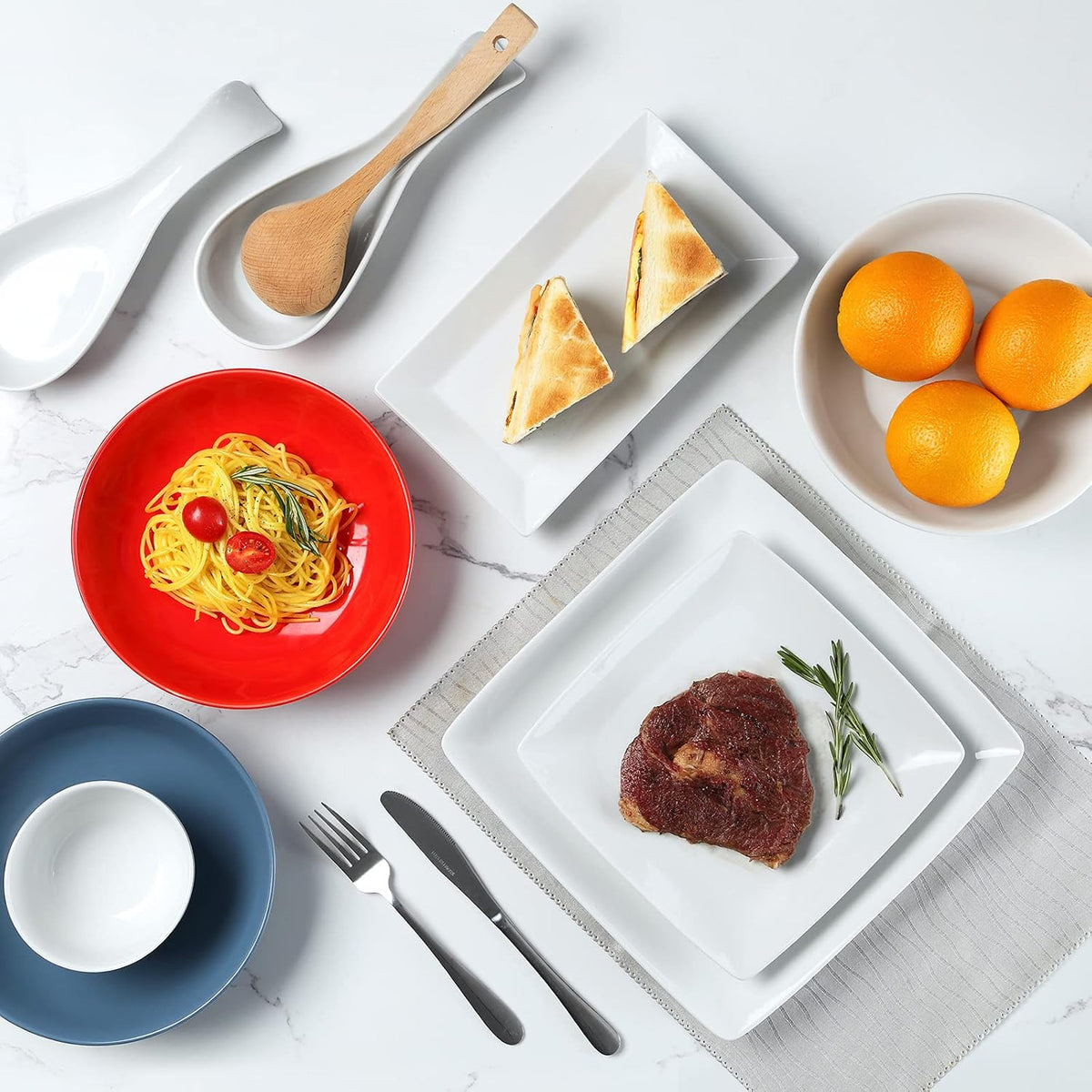 Porcelain Square Dinner Plates, 10.75 Inch Square Serving Plate for Steak, Pasta, Salad, Snacks, Pizza, Appetizer Plates, Set of 6, White
