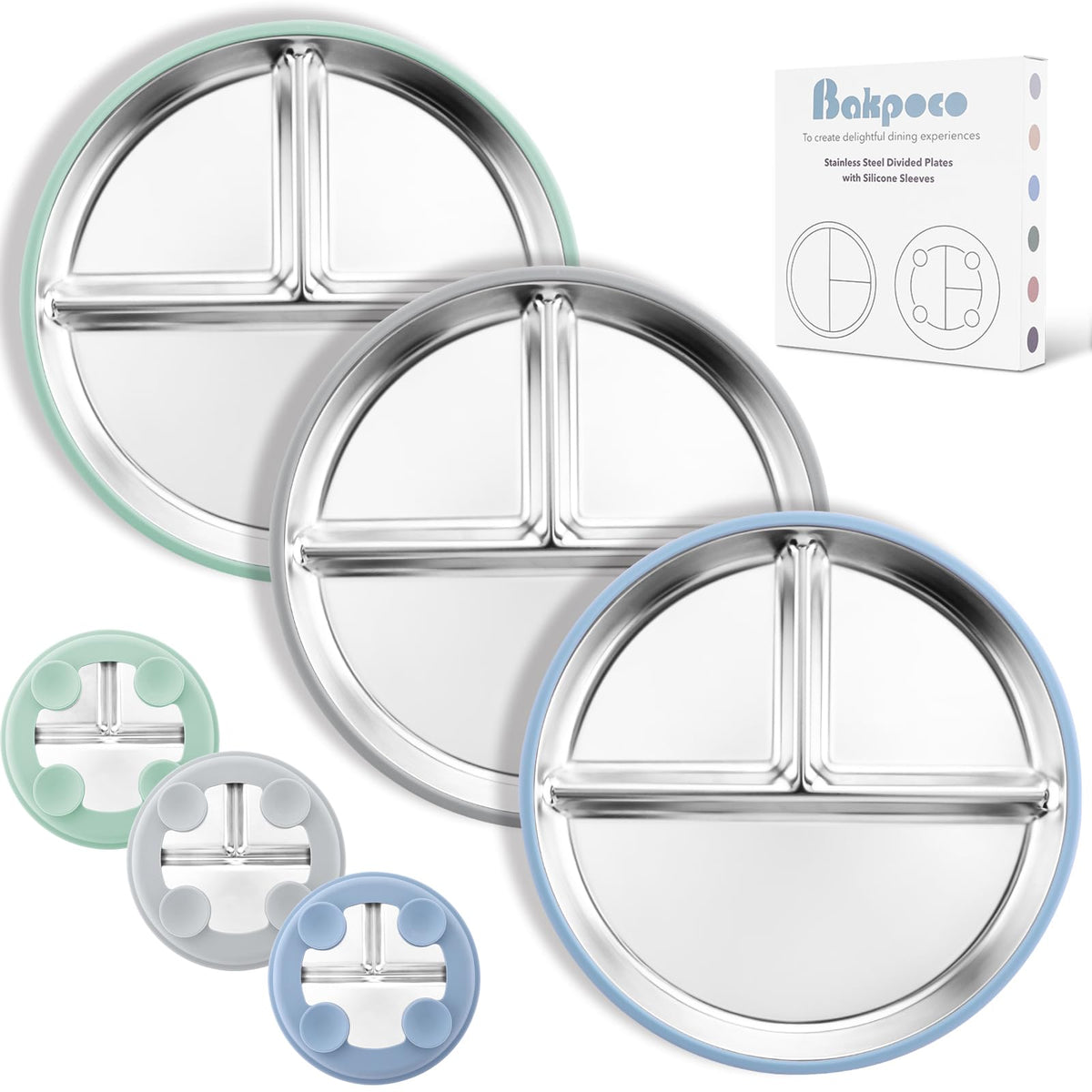 Bakpoco Stainless Steel Suction Plates for Toddlers, 8" Divided Kids Baby Plates with Removable Silicone Suction, Non Toxic Non Slip Portion Control Snack Dishes 3 Packs, Blue Gray Beige