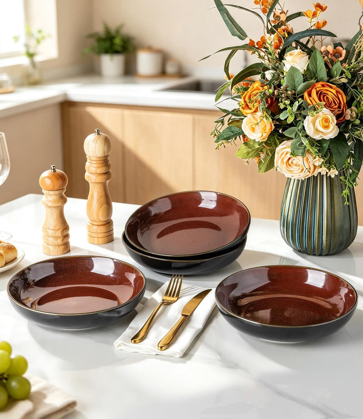 LERATIO 9.0" Ceramic Pasta Bowls Set of 4,38oz Large Stoneware Bowls Set