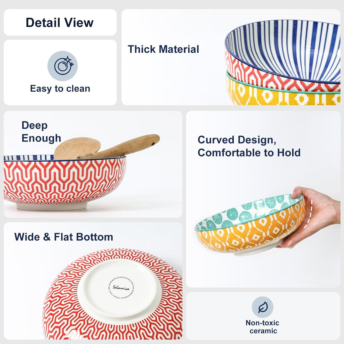 Selamica 60 OZ Ceramic Serving Bowls, Set of 3, Assorted Colors