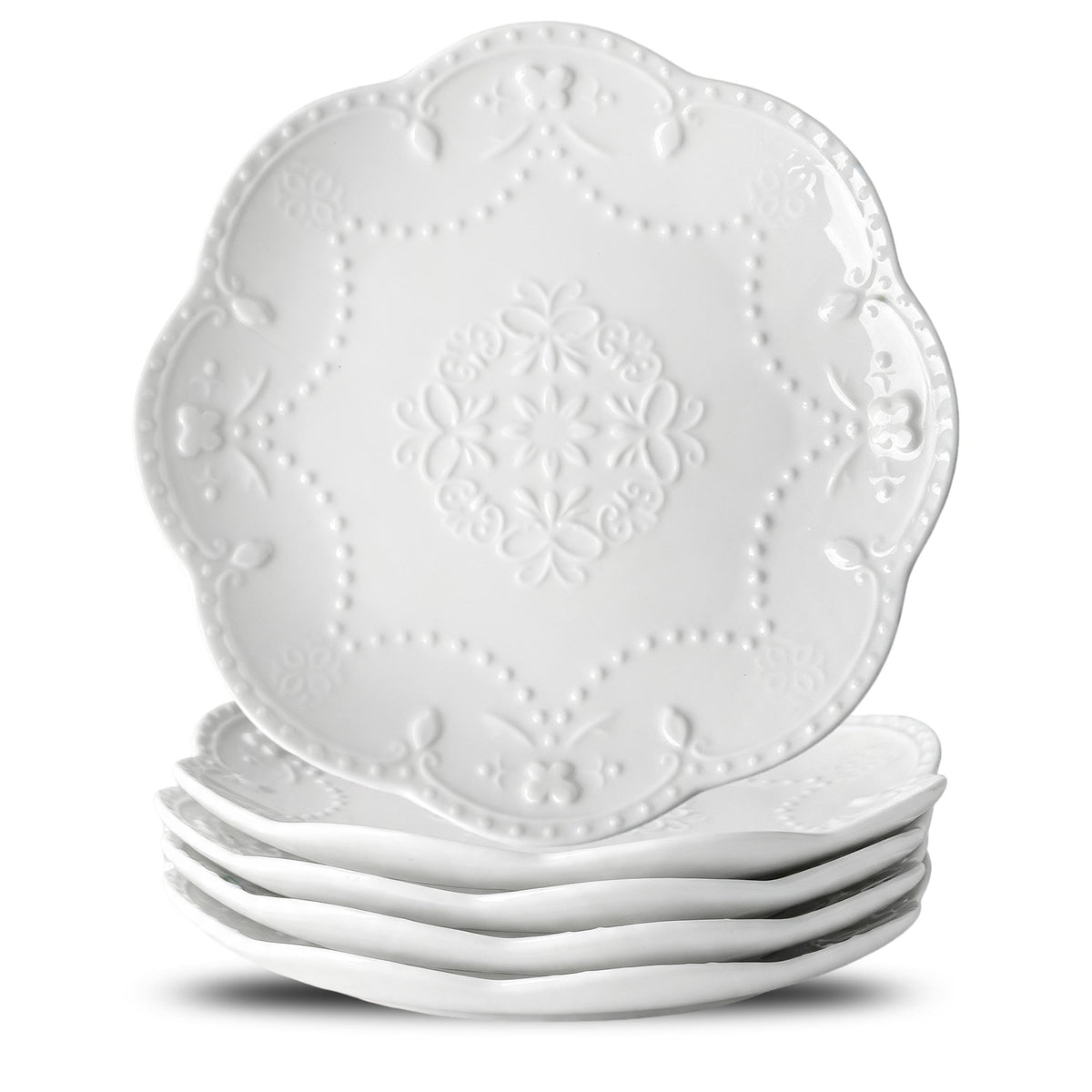 Neaylfe Ceramic Dinner Plates Set of 6, 10 inch Oval Embossed White Plates for Salad, Dessert, Appetizer, Steak, Large Flat Serving Plates for Kitchen, Restaurant, Parties