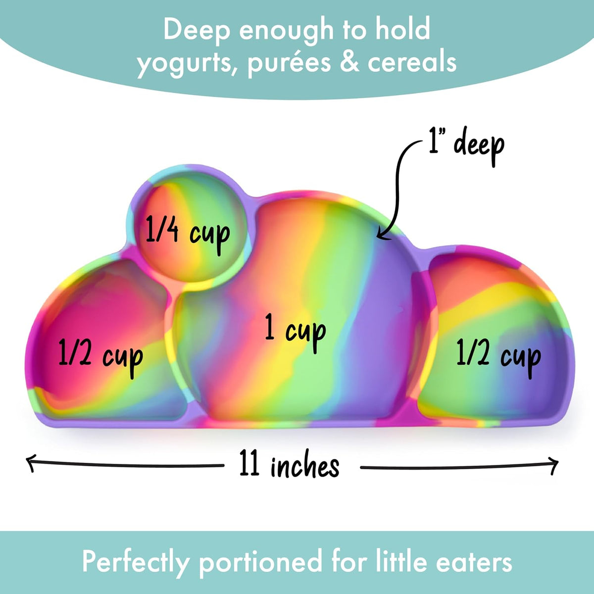 PrimaStella Silicone Easy-Reach Divided Toddler Plate - BPA Free - Microwave & Dishwasher Safe (Rainbow Swirl)