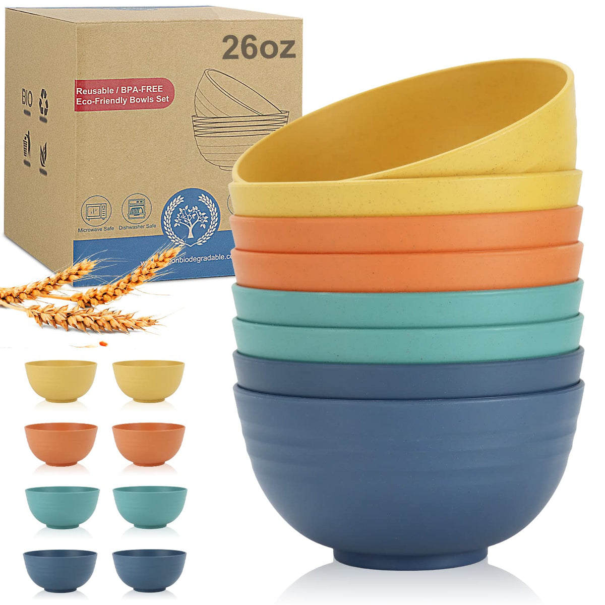 Wrova Wheat Straw Bowls Set 60 OZ Unbreakable Large Cereal Bowls Set of 6 Microwave and Dishwasher Safe Bowls Big Bowls for Camping and Picnic BPA Free Soup Bowl for Serving Oatmeal and Salad. Black