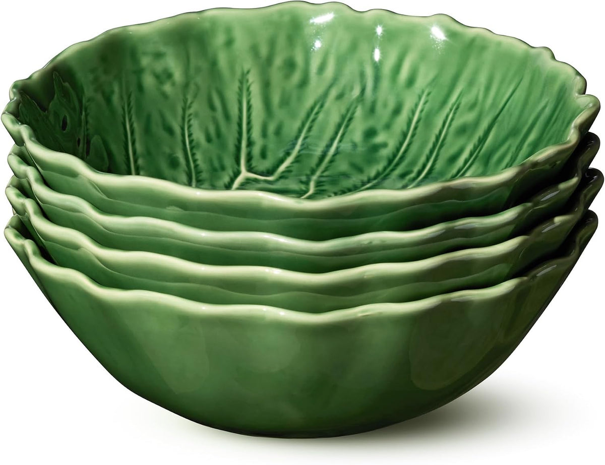 Le Jardin Green Cabbage plates 3D SOUP/CEREAL BOWLS, SET OF FOUR, 8.5" x 2.75" – Sculpted Green Stoneware Leaf Bowls– Garden-Inspired Serveware for Soups, Salads, Pasta & Everyday