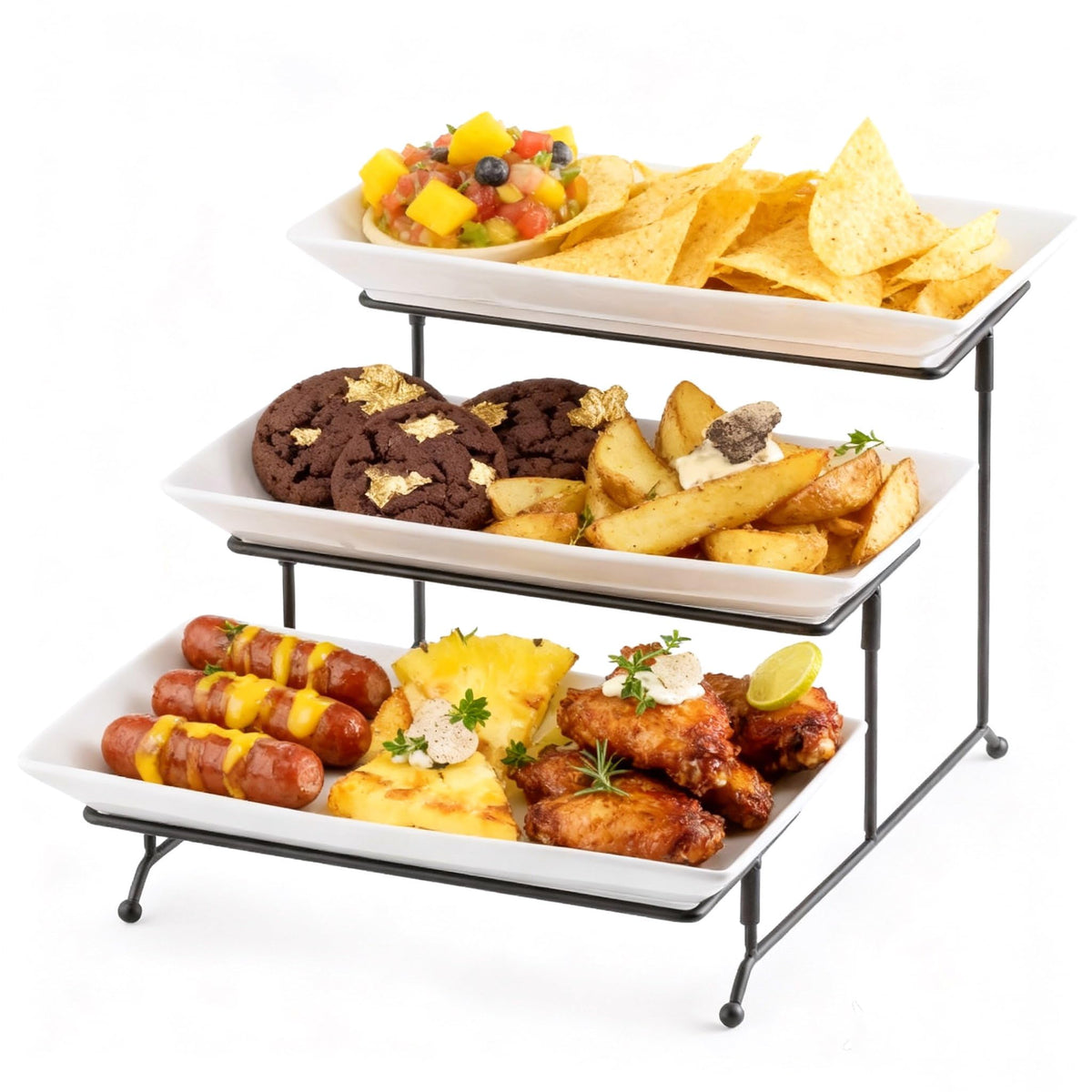 Gomakren 3 Tier Rectangular Serving Tray 14 Inch Serving Platters and Stand