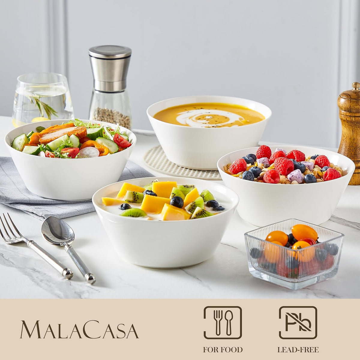 MALACASA 35 OZ Soup Bowls Set of 4, White Bowls Deep Cereal Ramen Bowl