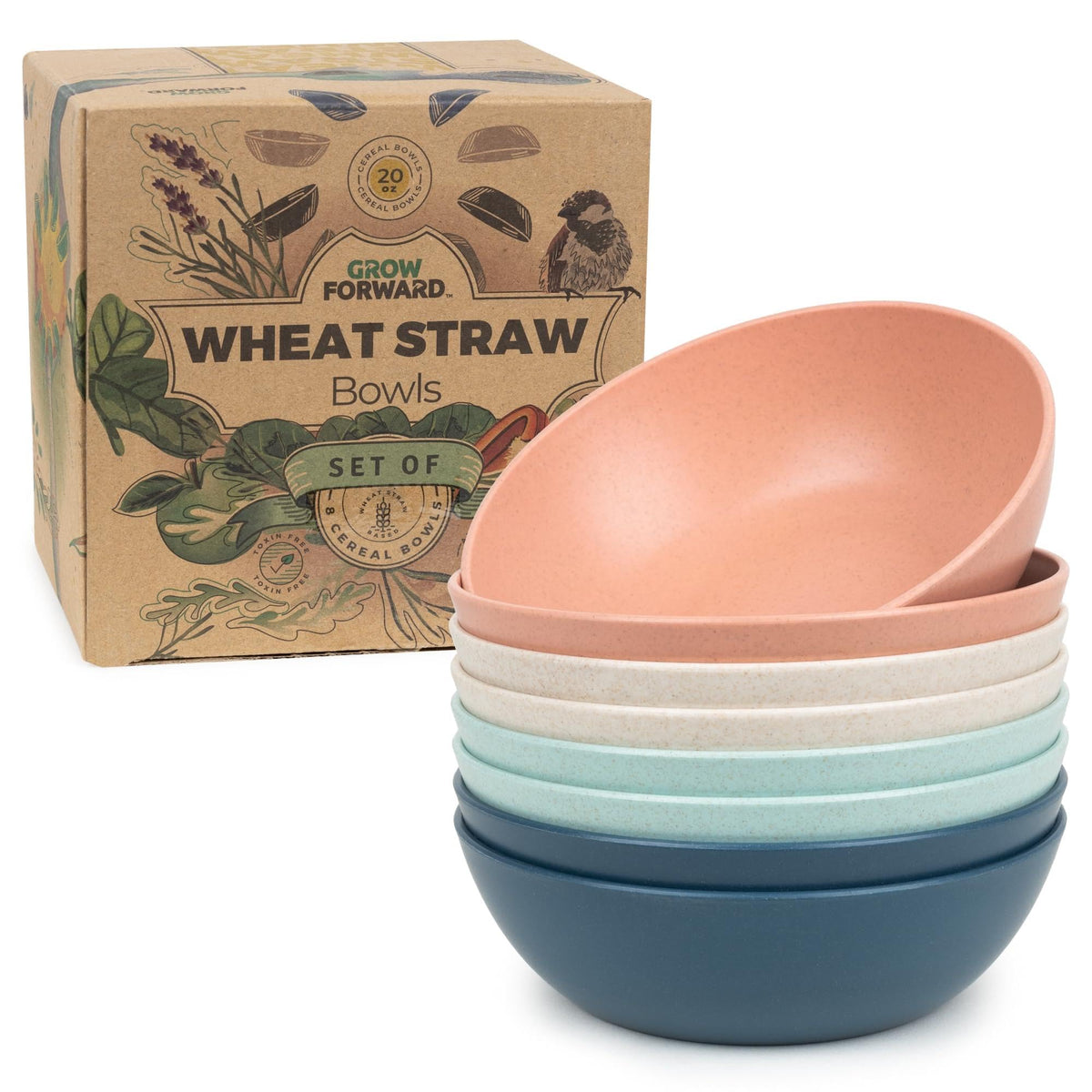 Grow Forward Premium Wheat Straw Bowls - 20oz Microwave Safe Plastic Cereal Bowls Set of 8 for Kitchen, Camping, RV, Dessert, Snack, Soup, Salad, Fruit - Reusable, Unbreakable & BPA Free - Sahara