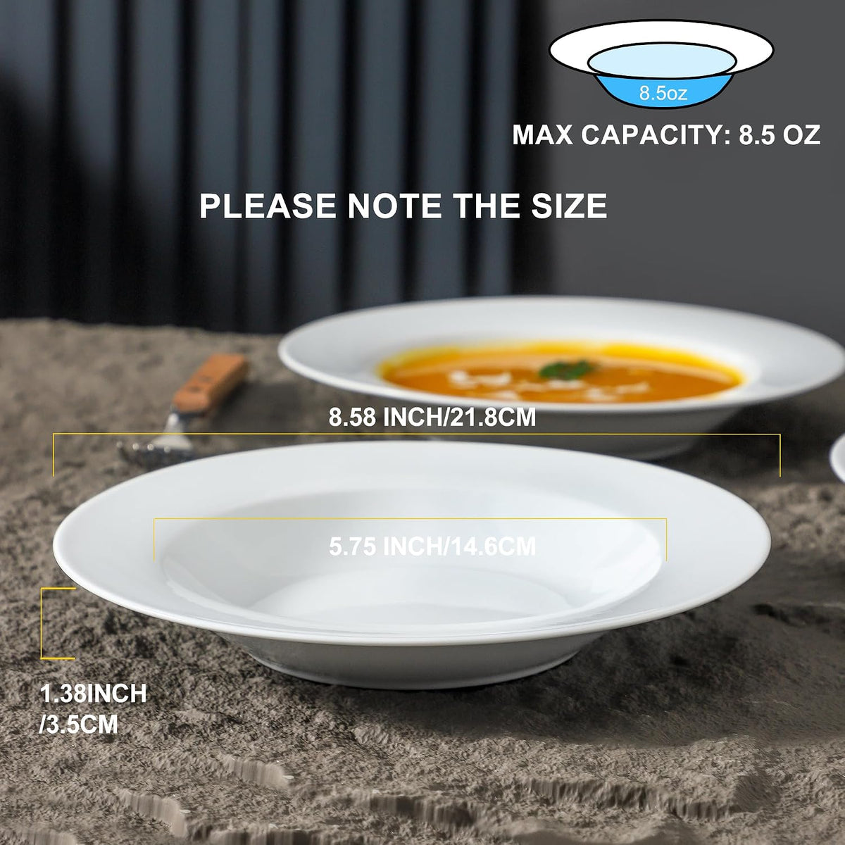 Ceramic Soup Bowls Shallow Plates, Halloween 4 Pack White Dinner Bowls Plates, Porcelain Wide Rim, 8.5" (8.5 oz) Shallow Bowls Ideal for Soup Dessert Salad and Pasta, Microwave and Dishwasher Safe