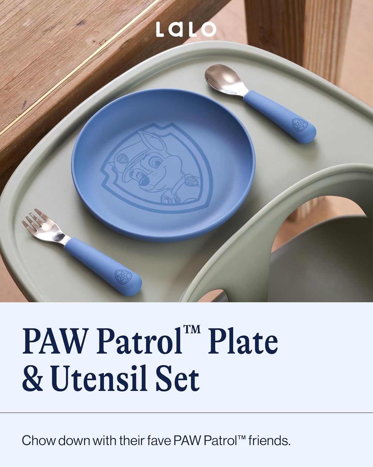 Lalo PAW Patrol Plate & Utensil Set For Kids - Dishwasher Safe Toddler Dinnerware Set - BPA Free for Over 12 Months - Includes Plate, Ergonomic Spoon and Fork - 3 Pieces - Chase