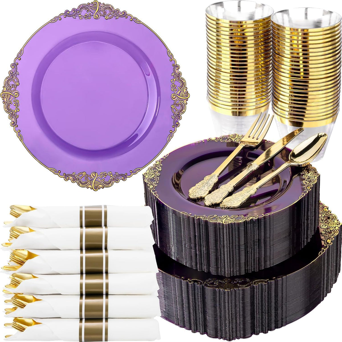 Nervure 350Pcs Gold Plastic Plates, Disposable Dinnerware Set for 50 Guests