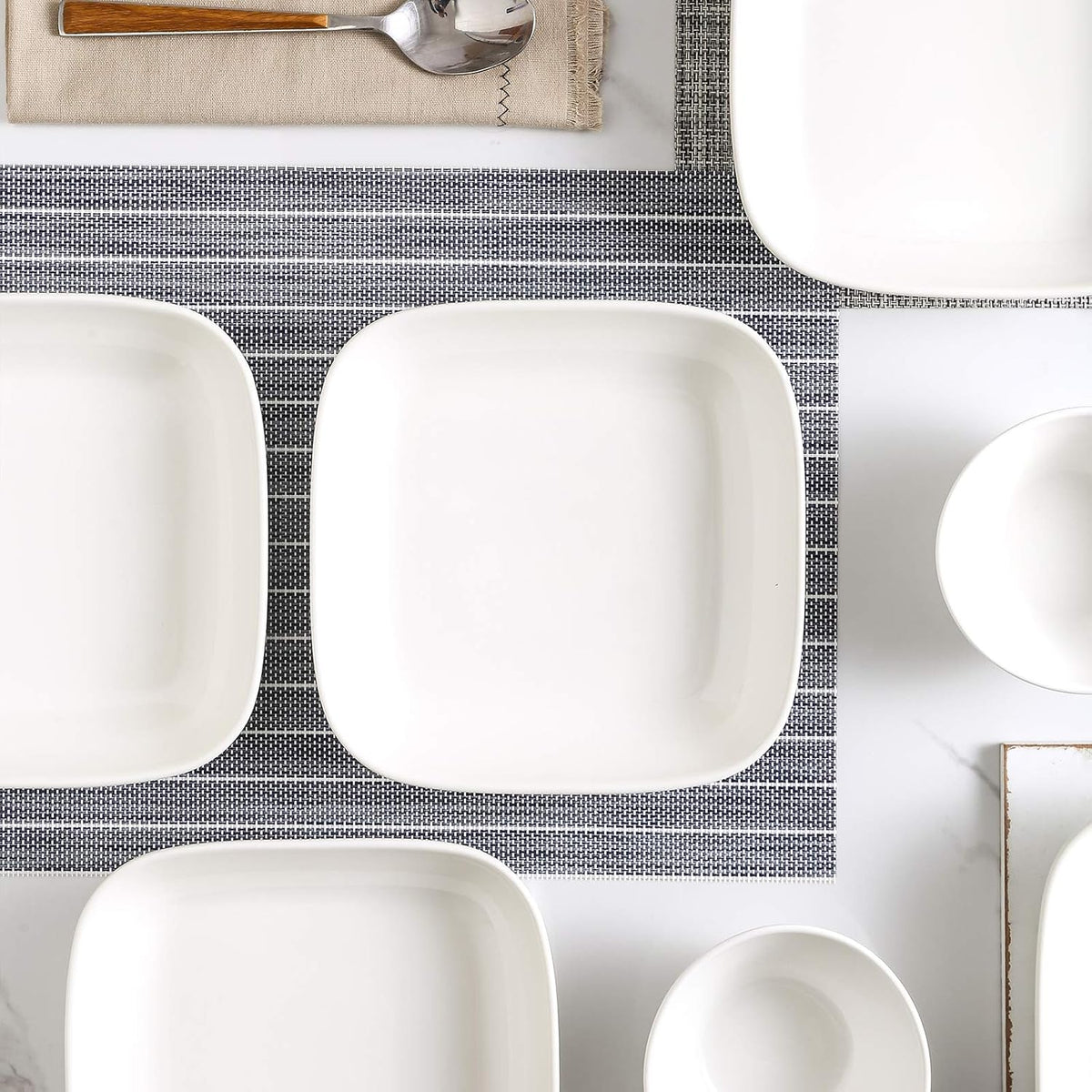 Selamica Porcelain 8-inch Square Dinner Plates, Pasta Salad Bowls, Set of 6, White
