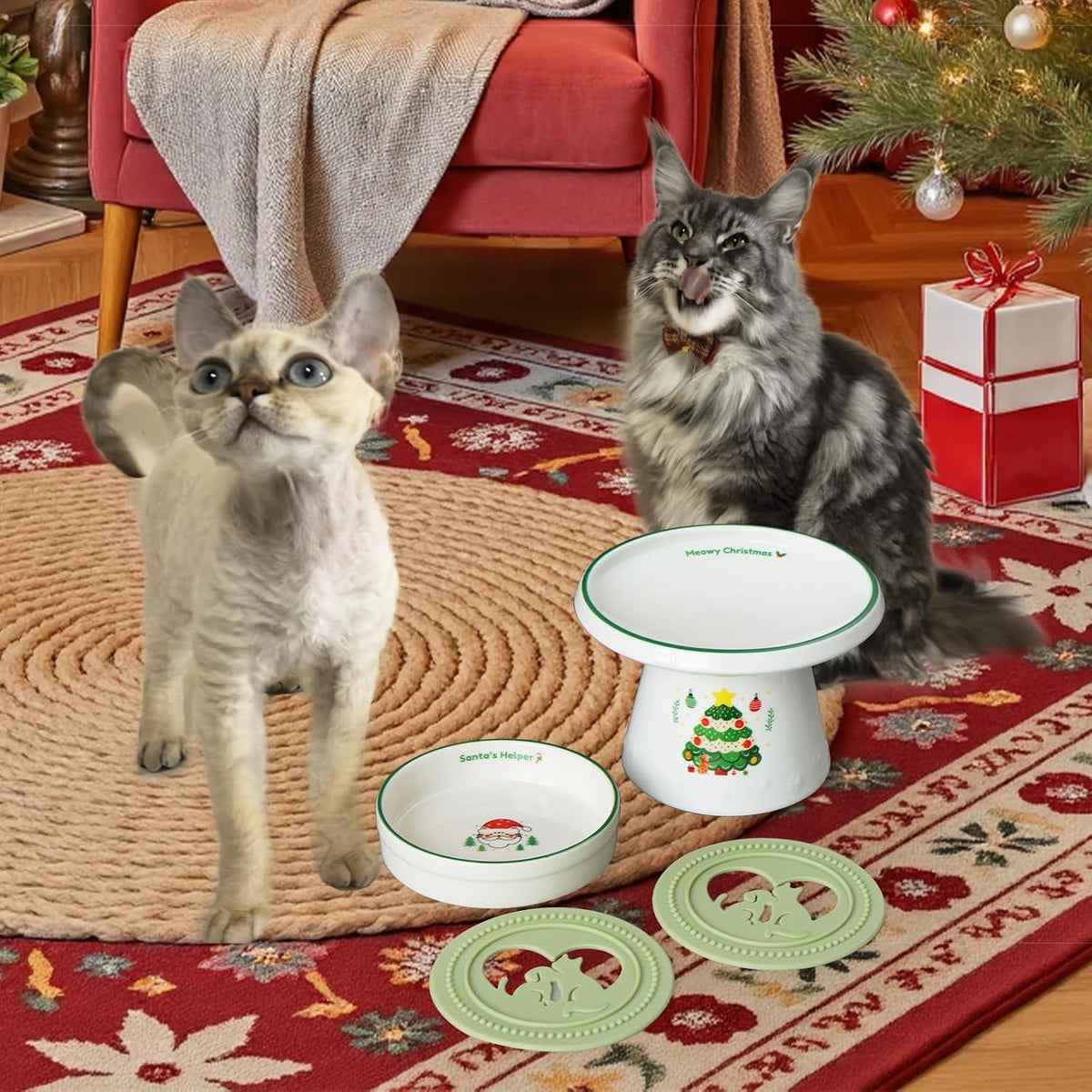 Cinf Ceramic Set of 2 Pet Raised Footed & Snack Bowl with Funny Christmas Design and Non-Slip Silicone Pads