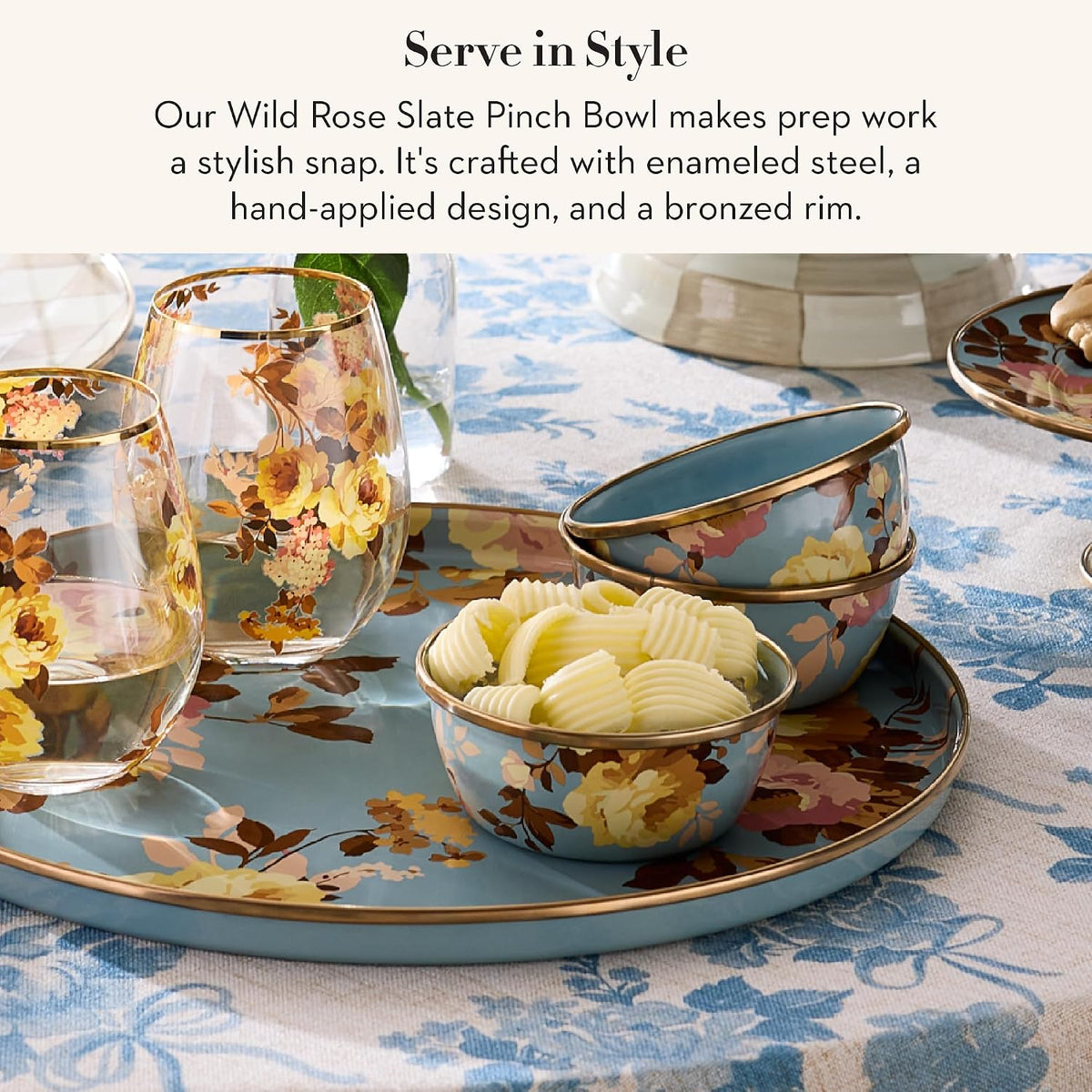 MACKENZIE-CHILDS Enamel Pinch Bowl, Small Bowl for Cooking Ingredients, 1.5-Cup Capacity, Wild Rose Slate