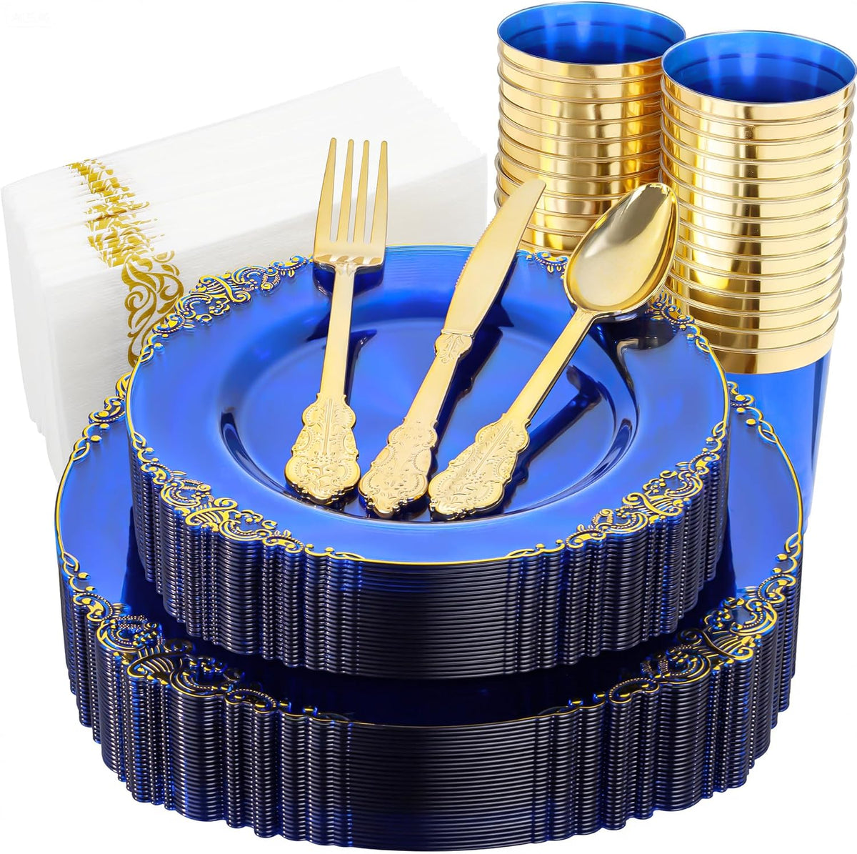 Nervure 350Pcs Gold Plastic Plates, Disposable Dinnerware Set for 50 Guests
