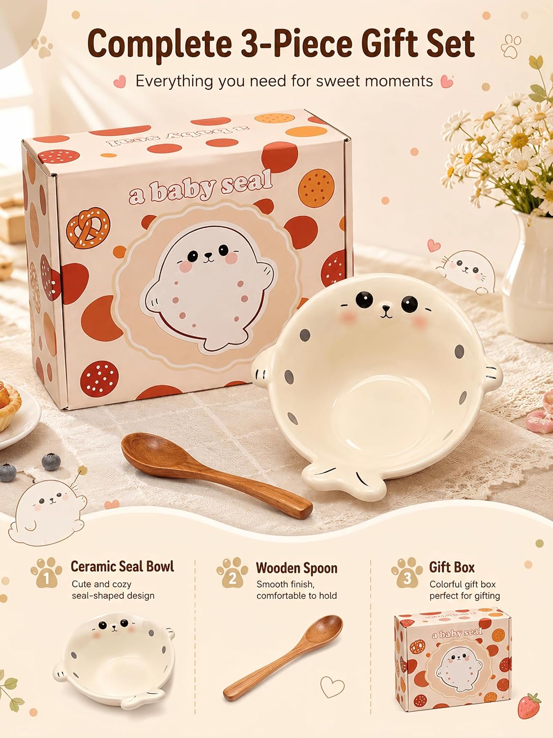Cute Seal Ceramic Bowl with Wooden Spoon, Ice Cream Bowl, Cream