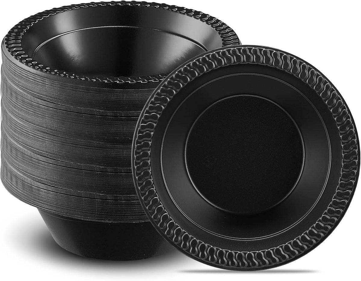 PLASTICPRO 100 PCS Black Plastic Bowls Light Weight 12 oz Plastic Soup Bowls Black Salad Plates Disposable for Party and Wedding