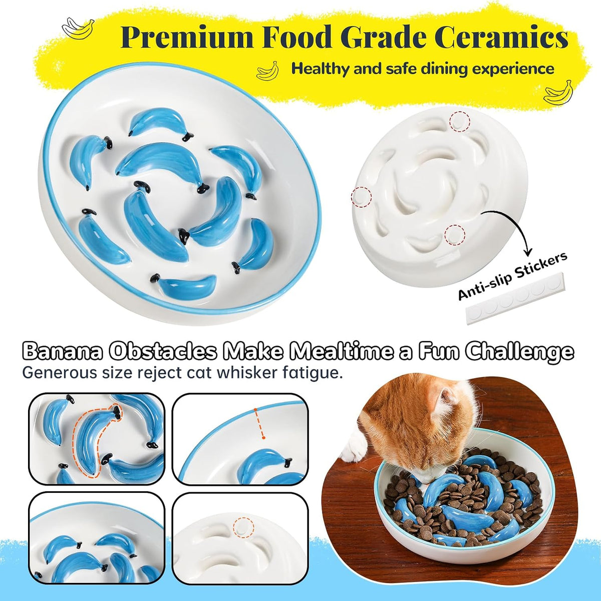 Ceramic Slow Feeder Cat Bowl, 6.3'' Wide Whisker Friendly Cat Puzzle Feeder