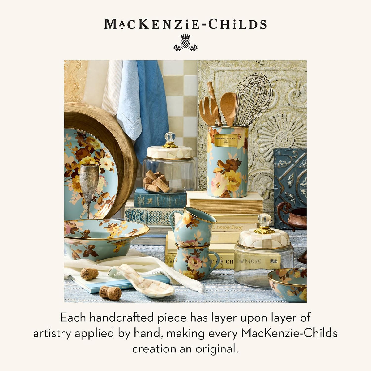 MACKENZIE-CHILDS Enamel Pinch Bowl, Small Bowl for Cooking Ingredients, 1.5-Cup Capacity, Wild Rose Slate