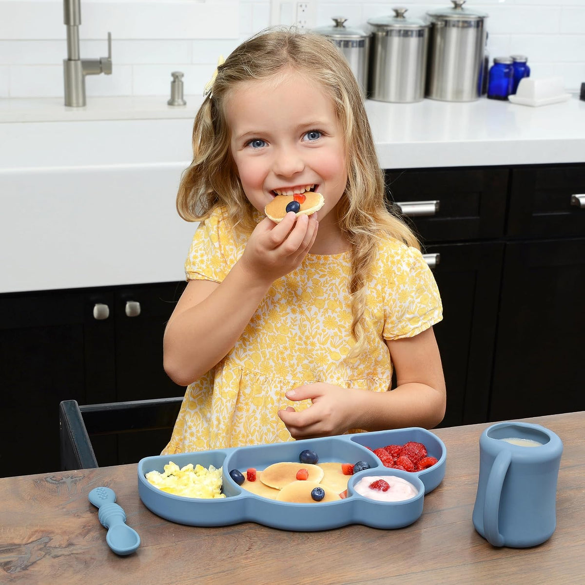 PrimaStella Silicone Easy-Reach Divided Toddler Plate - BPA Free - Microwave & Dishwasher Safe (Rainbow Swirl)