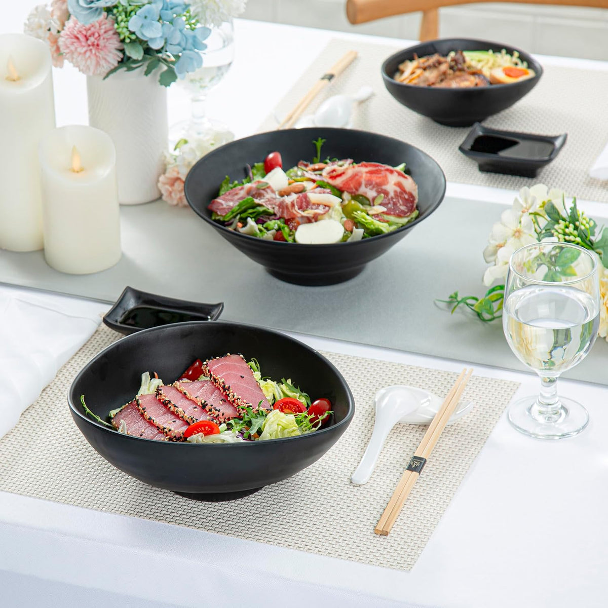 Restaurantware Voga 44 Ounce Serving Bowls 2 Premium Dinner Bowls - Top Rack Dishwashable Unique Black Melamine Salad Bowls Serve Hot And Cold Foods For Parties Or Events
