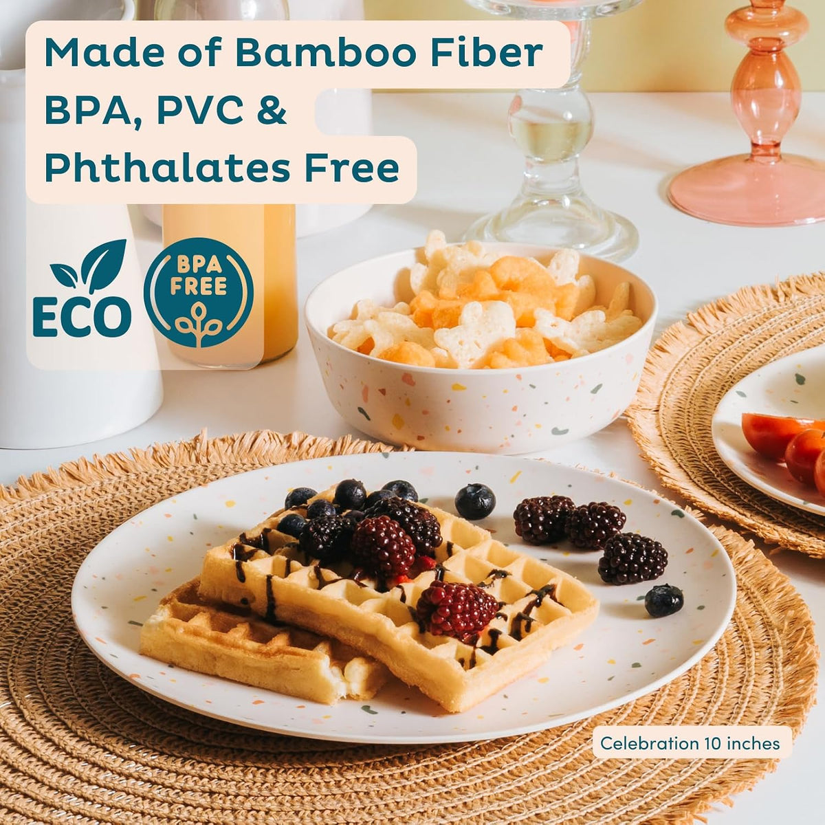 Nook Theory Bamboo Dinnerware Set for Kids – 18 Oz Bowls and Plates Combo for Everyday Meals (Celebration 8")