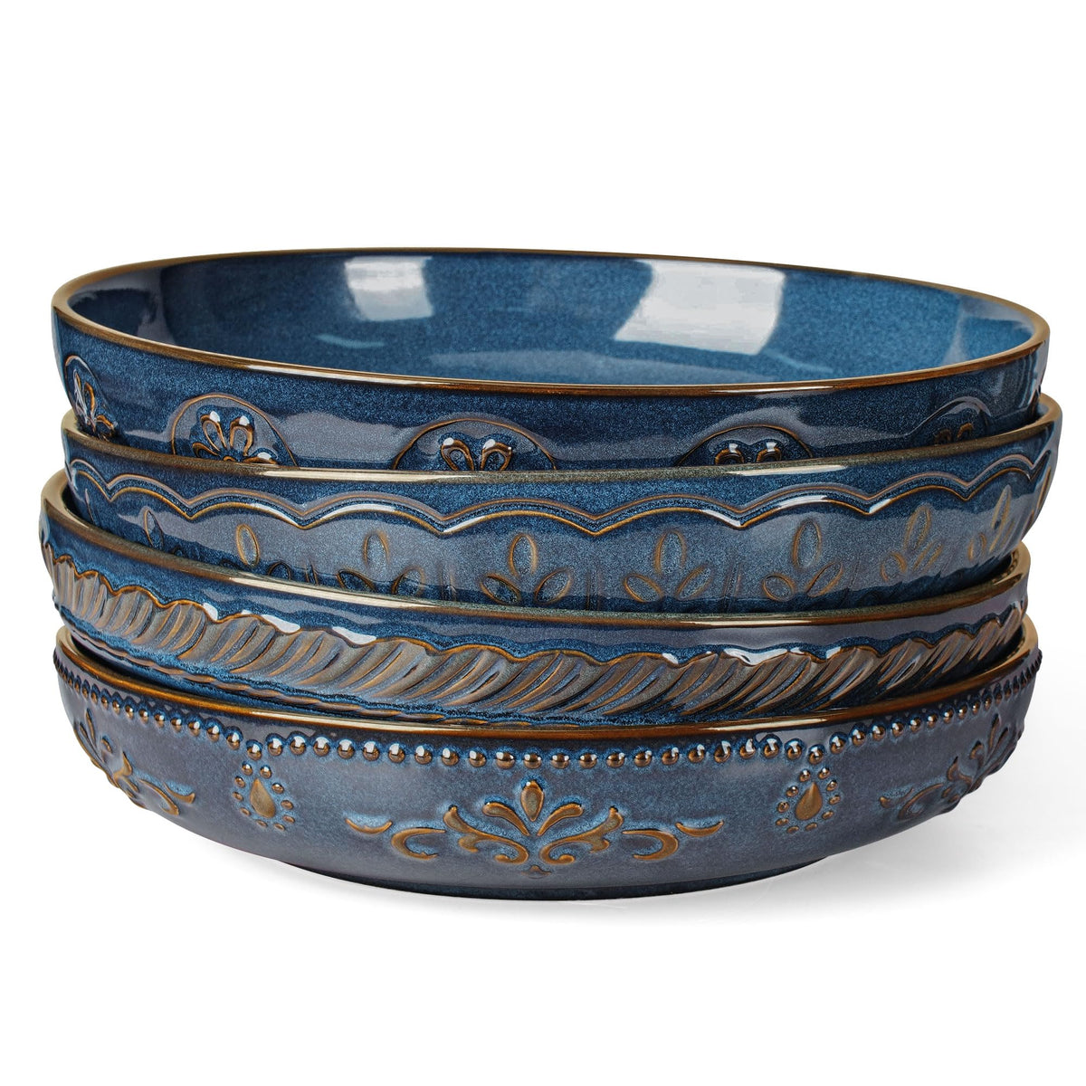 Artena Pasta Bowls, 50oz Large Salad Serving Bowls, 9.75'' Plates Bowl Set of 4, Big White Ceramic Soup Bowl for Kitchen, Embossment Shallow Dinner Bowl, Microwave Dishwasher Safe, Damask Floral