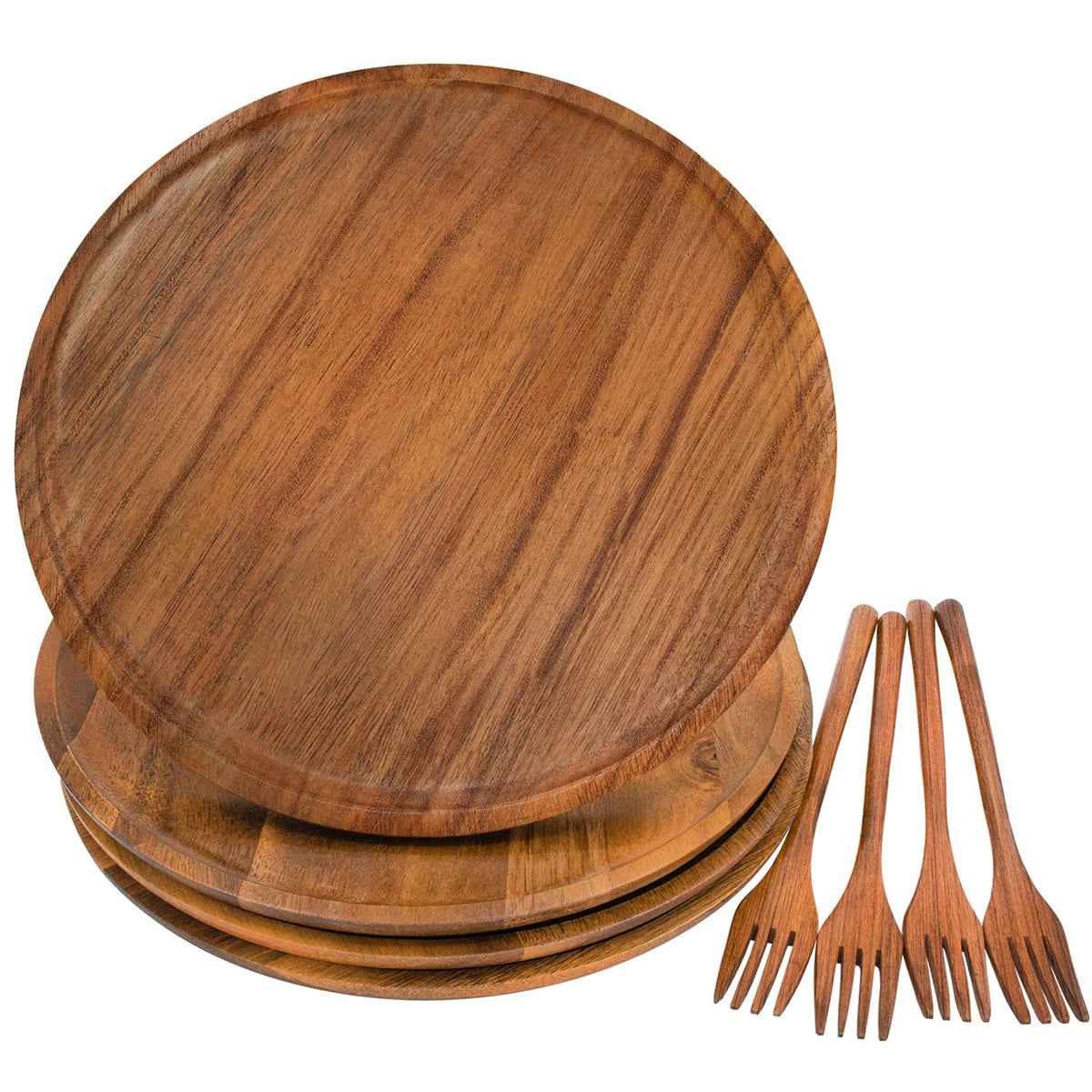 Wooden Plates, Wood Dinner Plates with Forks, Reusable Handmade Natural Wood Flatware Set for Cooking, Eating, Housewarming(Set of 4, Large 11" x 11")